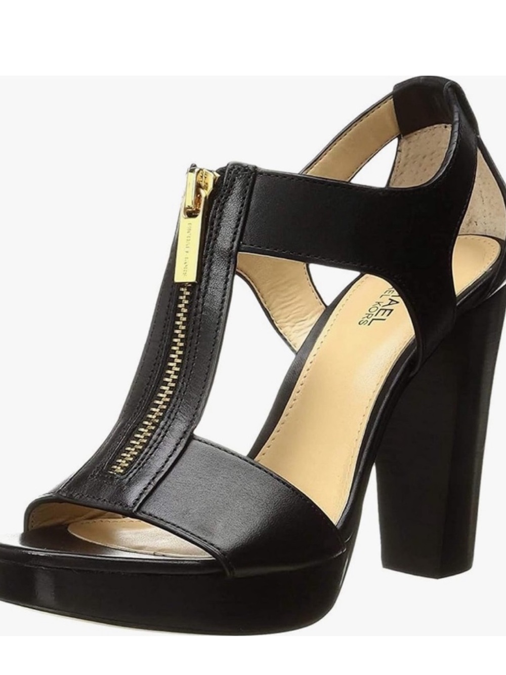 Michael Kors Berkley Black Leather T-Strap Platform Heel with Gold Zipper Size 9